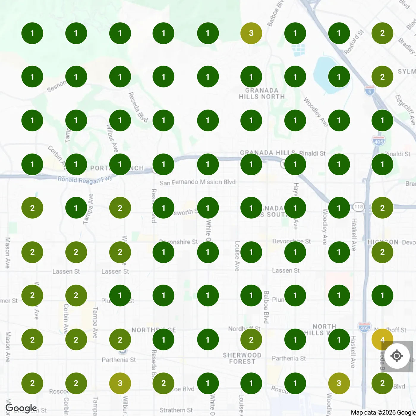 Local Falcon map scan for “concrete contractor” showing where Socal Concrete Works ranked at each of 81 points on a 9 × 9 grid; 58 pins show #1.