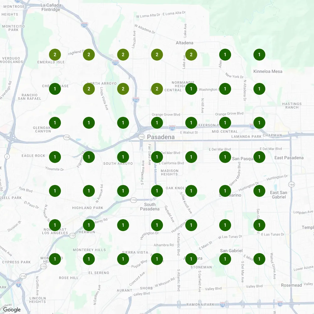 Local Falcon map scan for “turf installation” showing where Grass and Turf Installers ranked at each of 49 points on a 7 × 7 grid; 41 pins show #1.